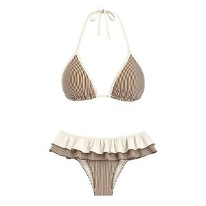 Seamolly Contrast Binding Striped Layered Peplum Halter Skirtini Bikini Set NWT